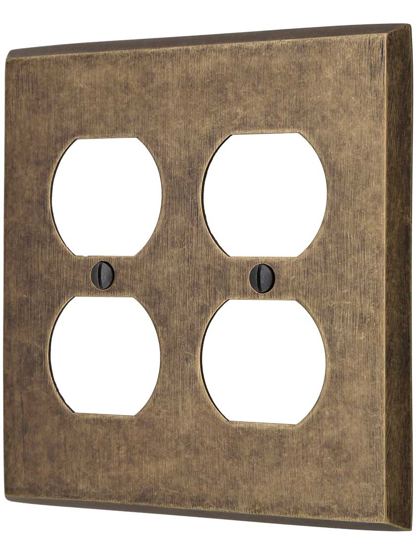 Traditional Forged Brass Double Gang Duplex Cover Plate in Antique Brass.